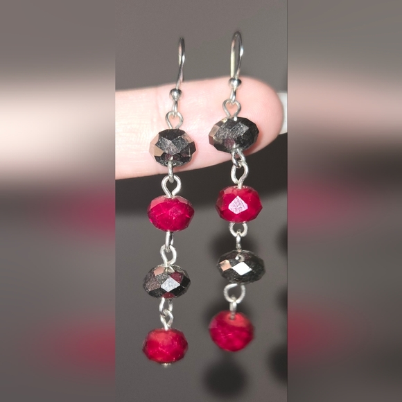 Silver and Red Beaded Dangle Earrings - Picture 4 of 5